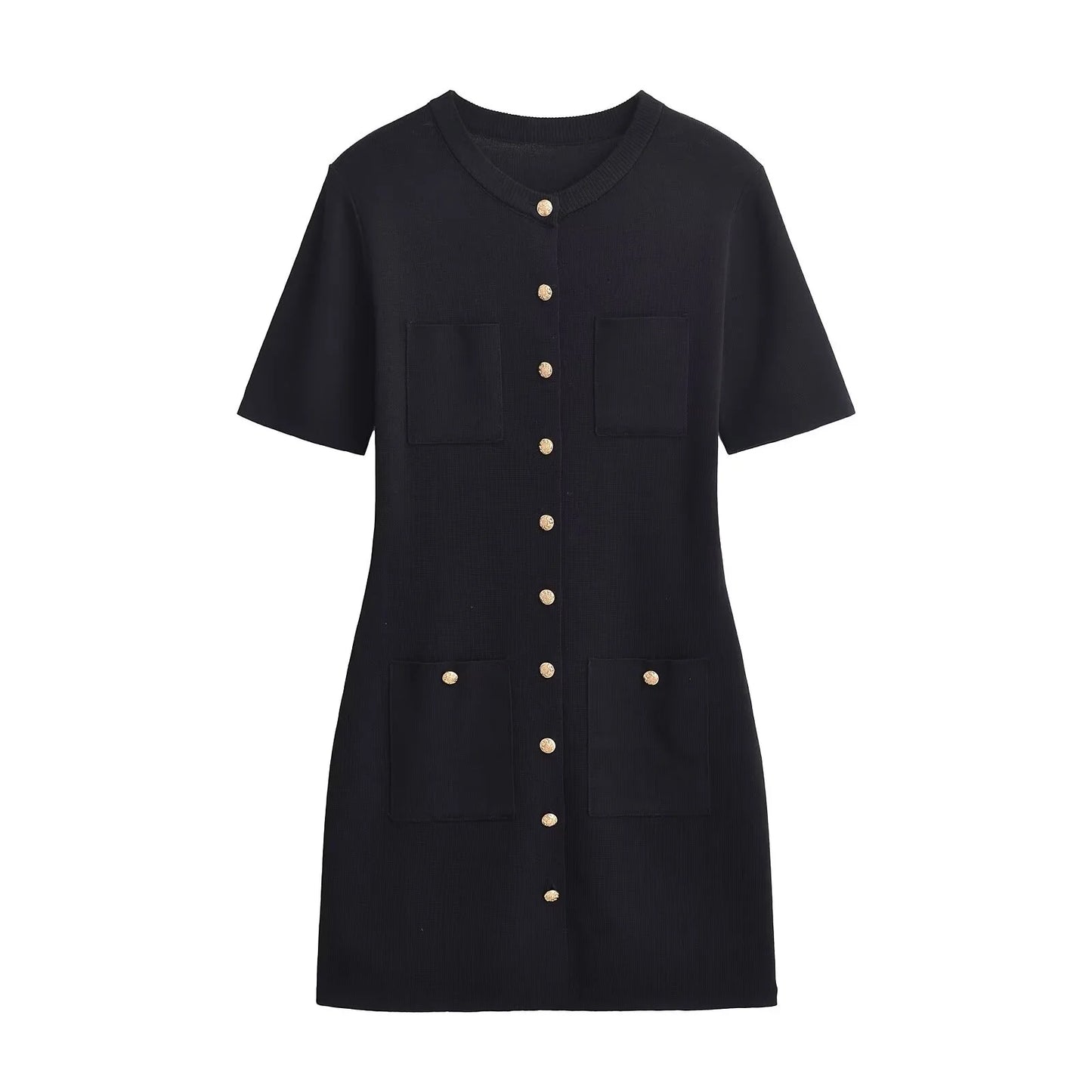 Women O-neck Short Sleeve Bodycon A-line Dresses Knitted Pocket Single Breasted Mini Dress New Chic Office Lady Vestidos