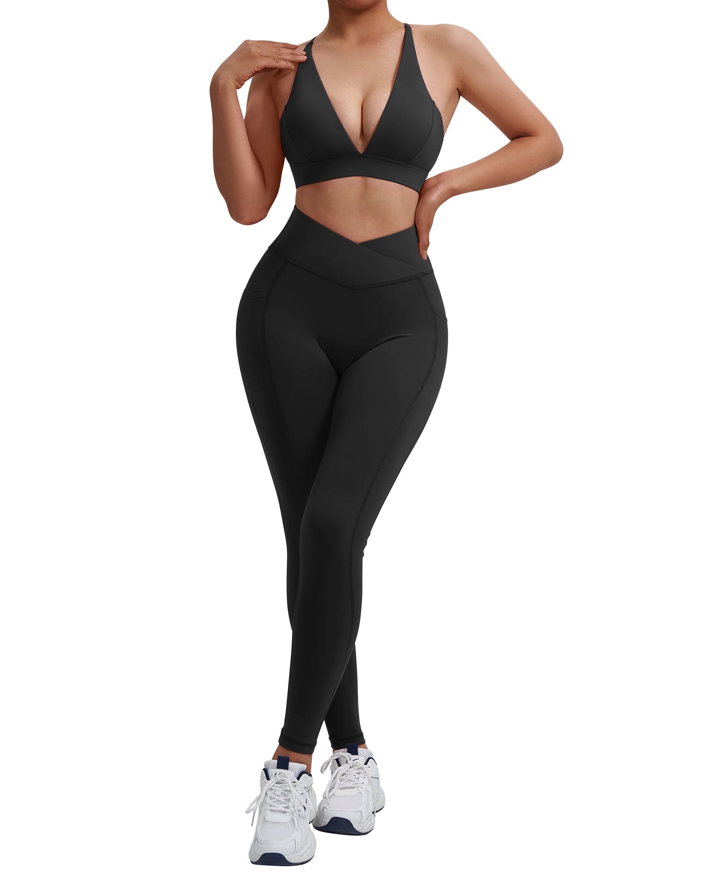 2 Piece Fitness Sets for Women Padded Push Up Sports Bra Booty Leggings with Pockets Yoga Gym Outfits Workout Sets Female
