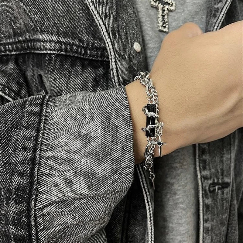 Punk Vintage Red Zircon Star Chain Bracelet For Women Men Couple Unisex Trend Goth Grunge Y2K Jewelry Charms Accessories Gifts