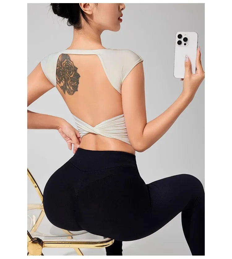 Women's Backless Fitness Clothes with Fixed Chest Pad Beautiful Top Short Sleeve Dance Sport  T-Shirt Yoga Wear