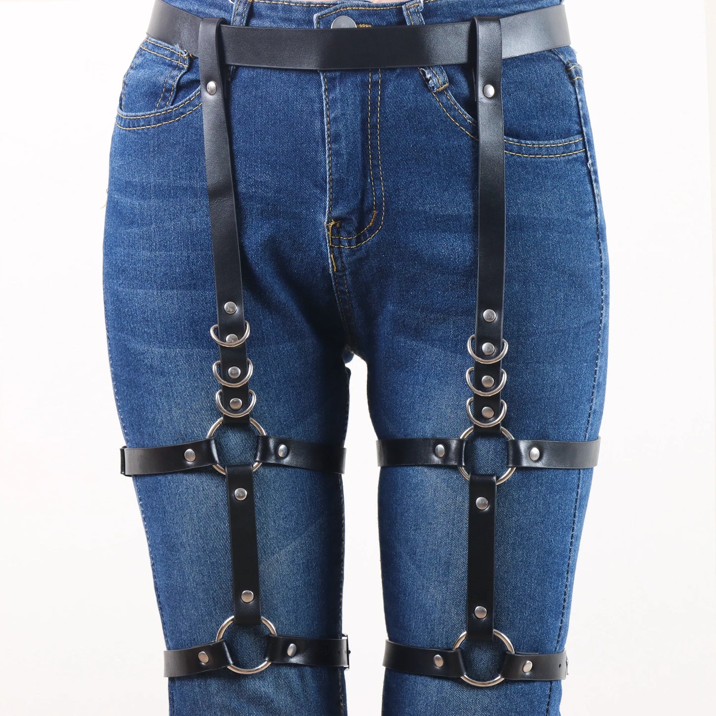 Women Black PU Leather Garter Belt Harness - Adjustable Ring Design Thigh Strap Belt for Punk Gothic Denim Outfits