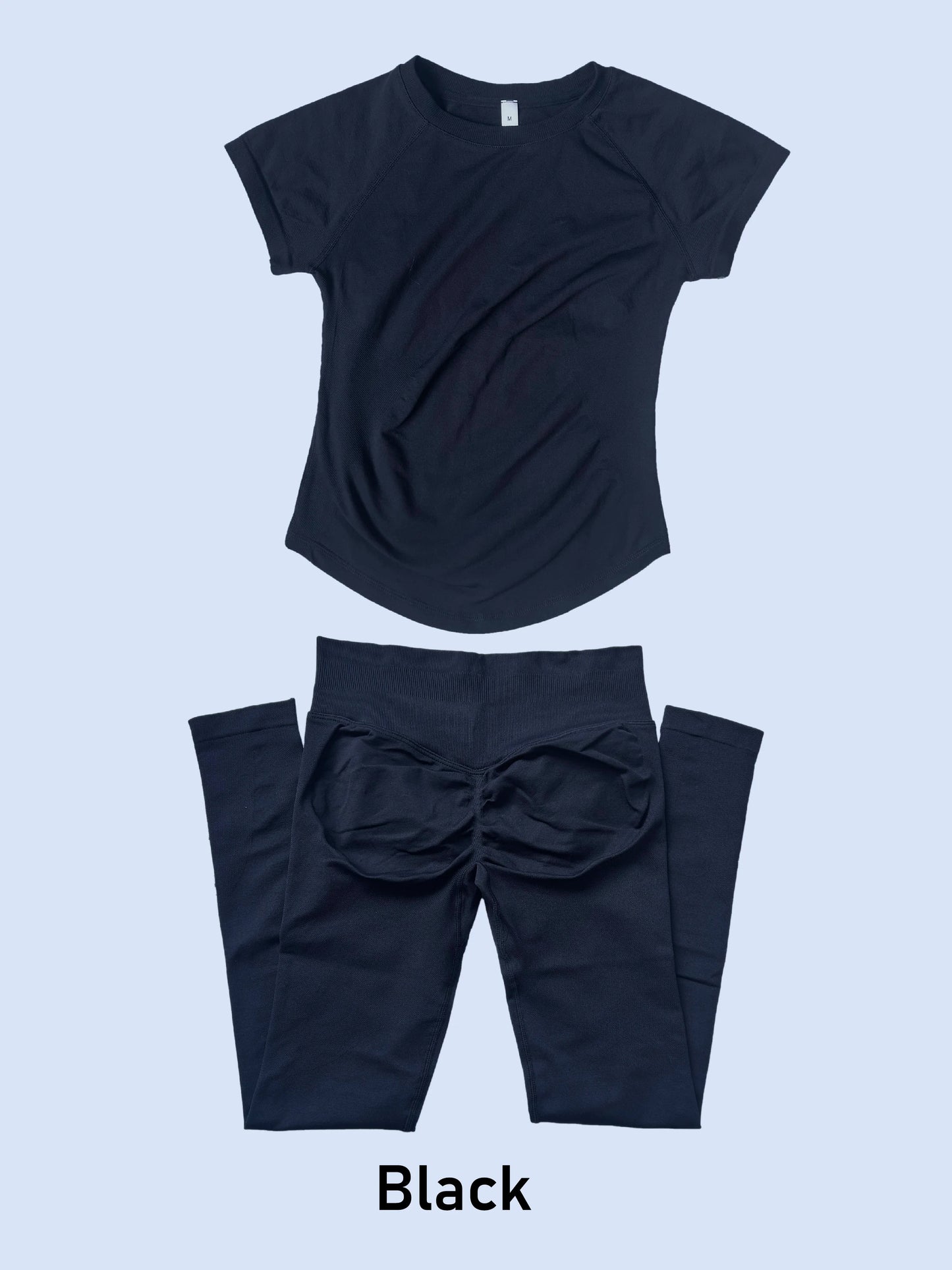Seamless Women 2 Piece Workout Set Short Sleeve Tummy Control Top High Waist Scrunch Butt Lifting Leggings Yoga Gym Sport Outfit