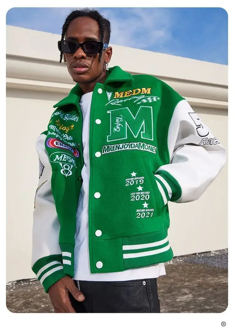 American vintage niche versatile baseball men and women autumn and winter retro contrast couple splicing jacket