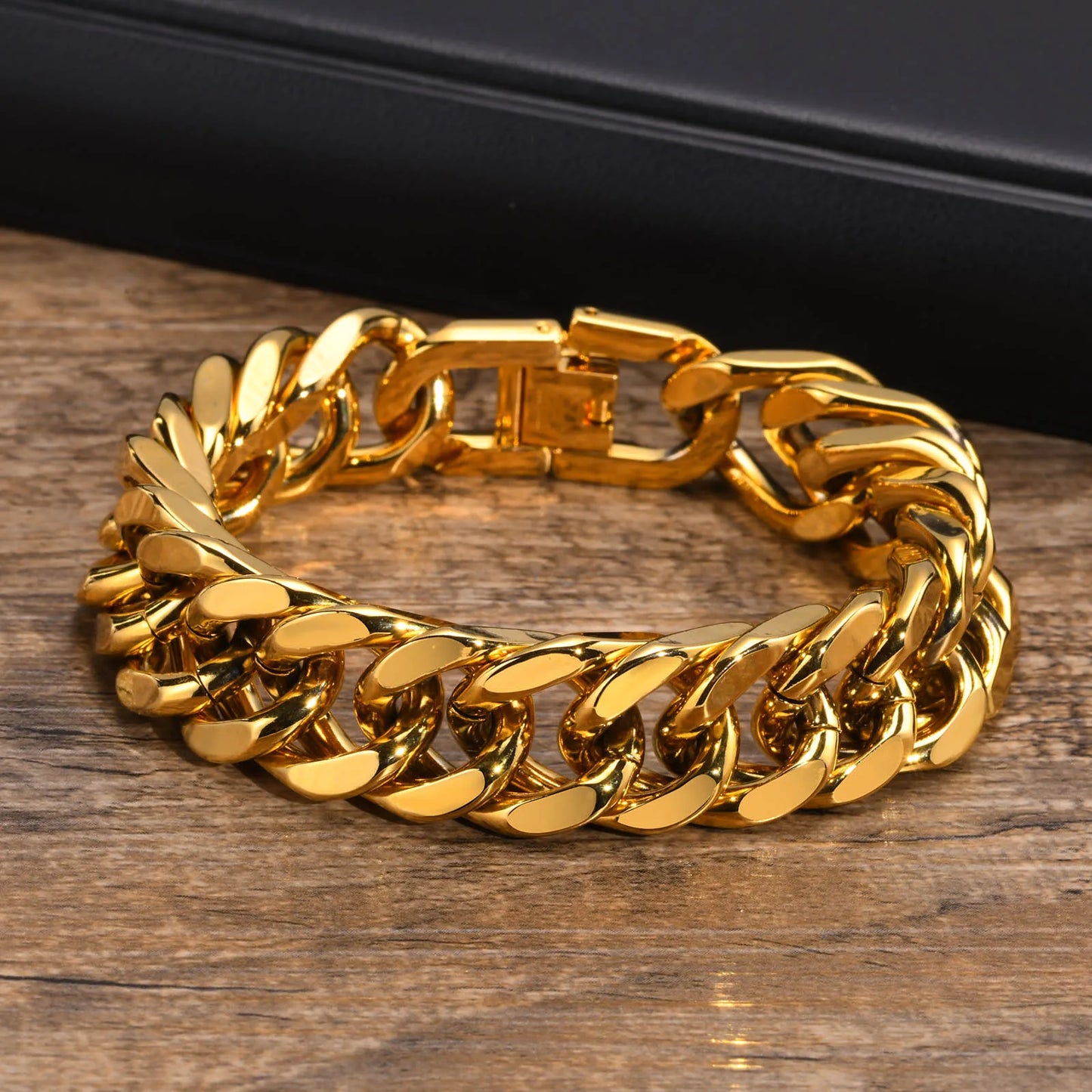 Gold Color Mens Cuban Chain Bracelet,Chunky 8/10/12/15mm Waterproof Stainless Steel Link Wristband Gift Jewelry,19cm /21.5cm