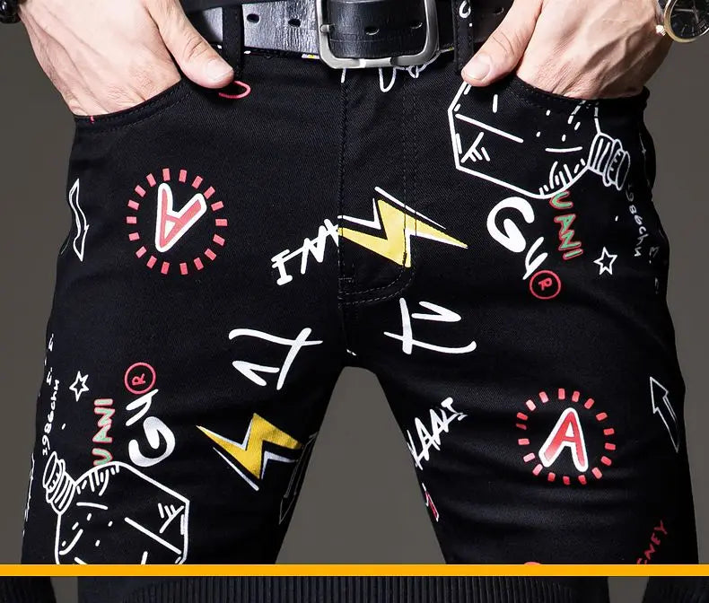 Luxuriöse Jeanshose für Herren, Hip-Hop-Jeans mit Graffiti-Print, Designer-Jeans in Slim Fit, trendige schwarze Jeans, Stretch-Cowboy-Baumwollhose für Männer