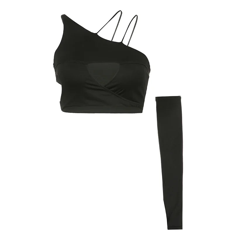 New Women Asymmetrical Cut Crop Top with Sleeves Fairy Grunge Clothing Hollow out single sleeved T-shirt blouse women Tank Tops