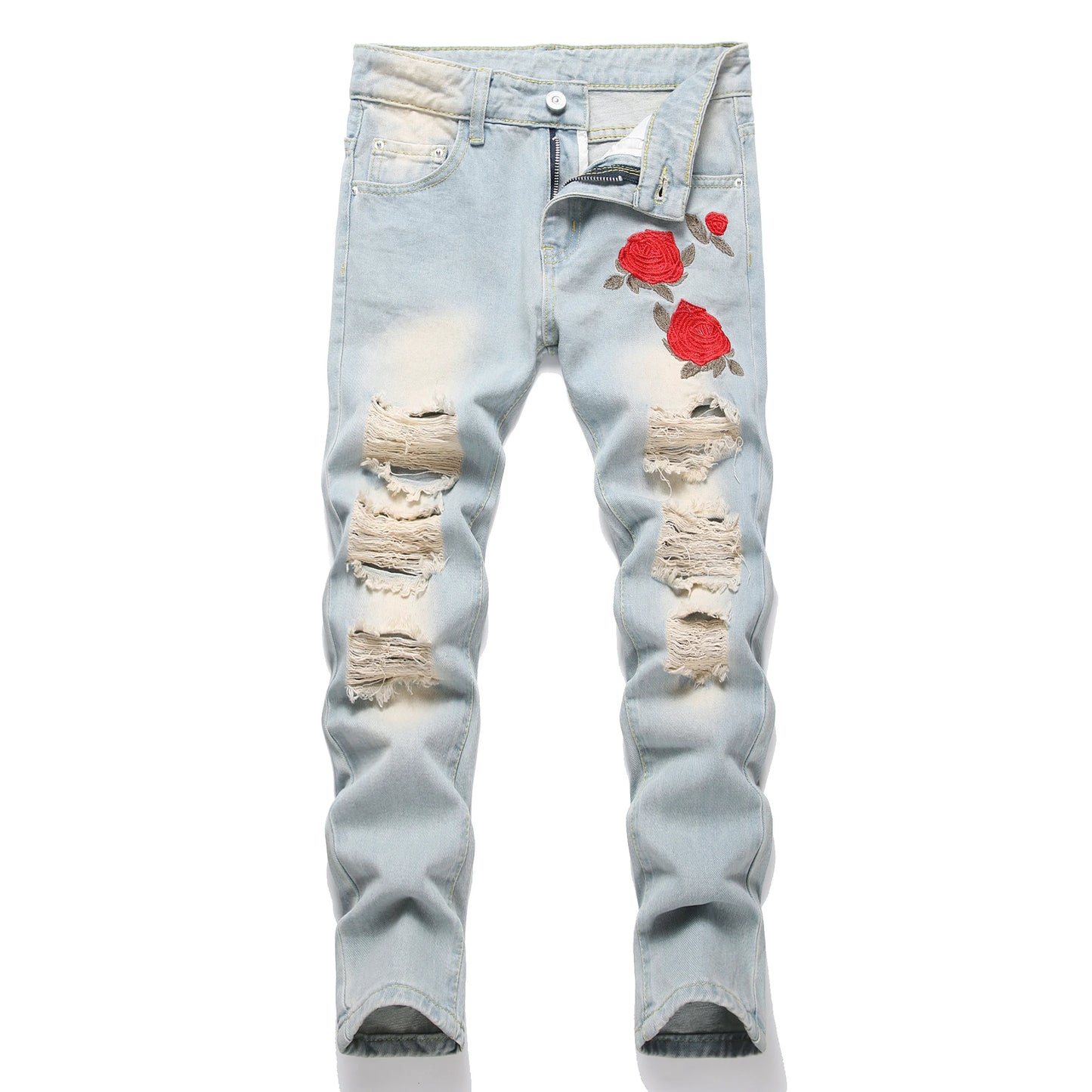 Boys' Cartoon Straight-leg Ripped Jeans Children Washed Non-stretch Denim Trousers Big Kids Casual Pants