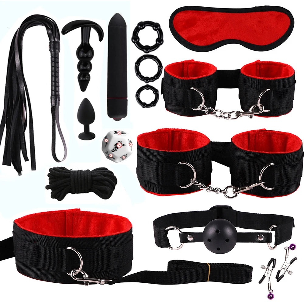 Hot Exotic Bed B+ndage Set B+SM Kits Exotic S*x Toys For Women  Adults Games Leather Handcuffs Whip Gag Nipple Clamps S*x