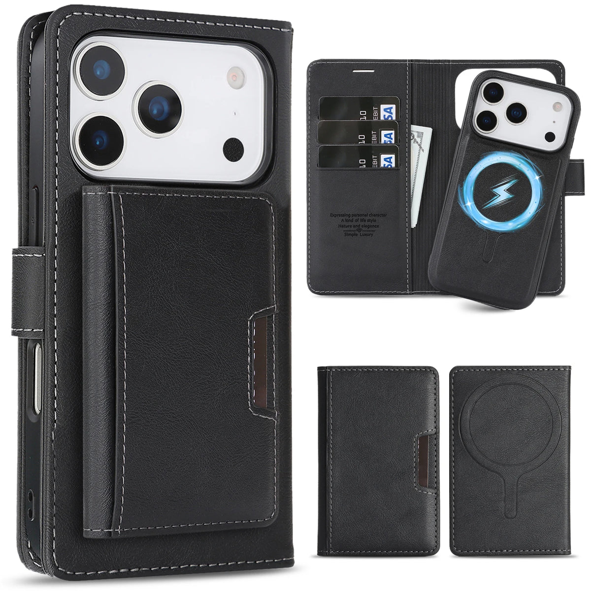 3-in-1 Luxury Leather Wallet Detachable Flip Cover For iPhone 16 15 14 13 12 17 18 Pro Max Plus For Magsafe Credit Card Wallet