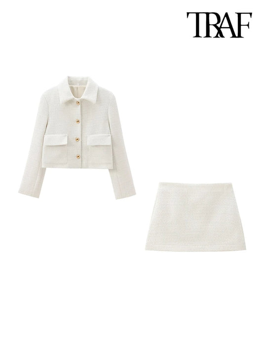 TRAF Women Fashion With Pockets Tweed Jacket Coat And High Waist Side Zipper Mini Skirt Female Two Piece Sets Mujer