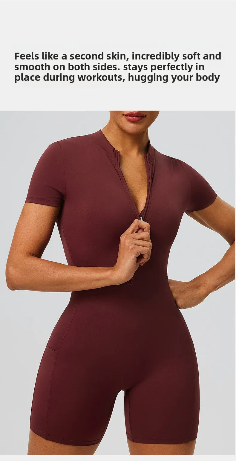 Women's zipper short sleeved yoga jumpsuit with functional pockets for hip lifting and tight fitting sports jumpsuit shorts