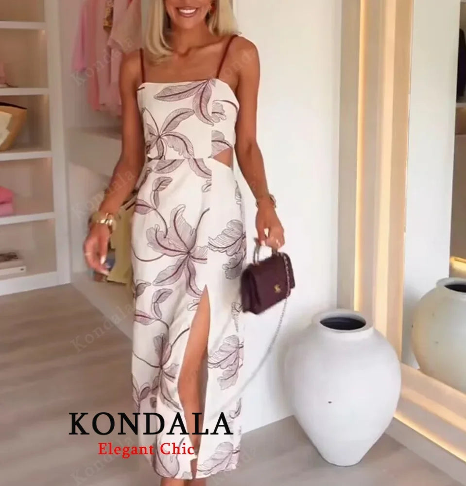 KONDALA Fall Women Elegant Embroidered Cami Dress Slim Waist Hollow-out Midi Dress 2025 Summer Autumn Fashion Holiday Sexy Dress