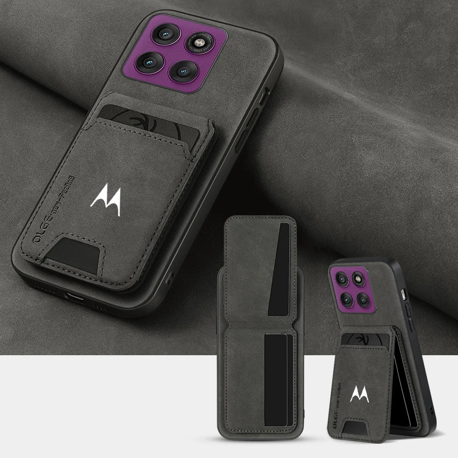 Business Luxury Sheepskin Leather Case For Motorola Signature Edge 60 70 Fusion Plus Pro Card Holder Magnetic Stand Phone Cover