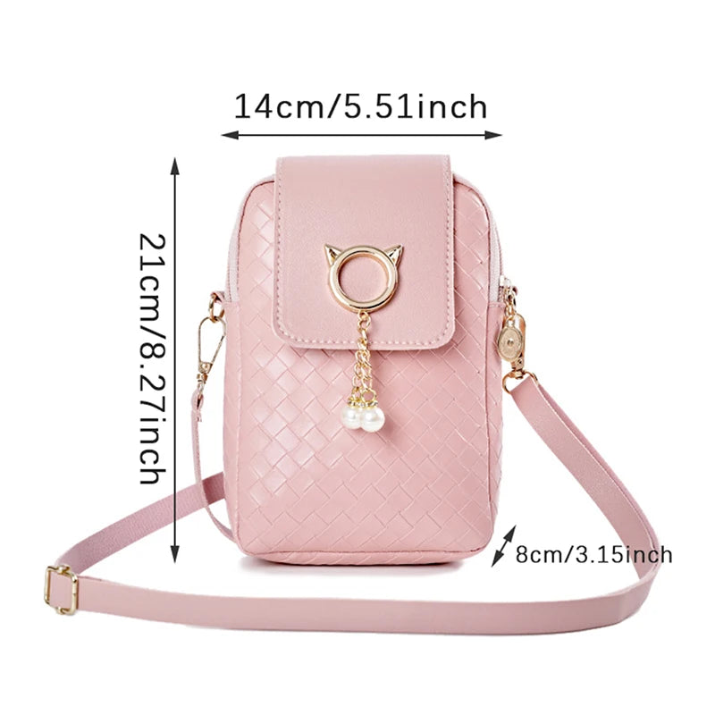 1PC Mini Cross-body Mobile Phone Shoulder Bag Women Fashion Woven Pearl Tassel Cover-style Female PU Leather Small Purse Clutch
