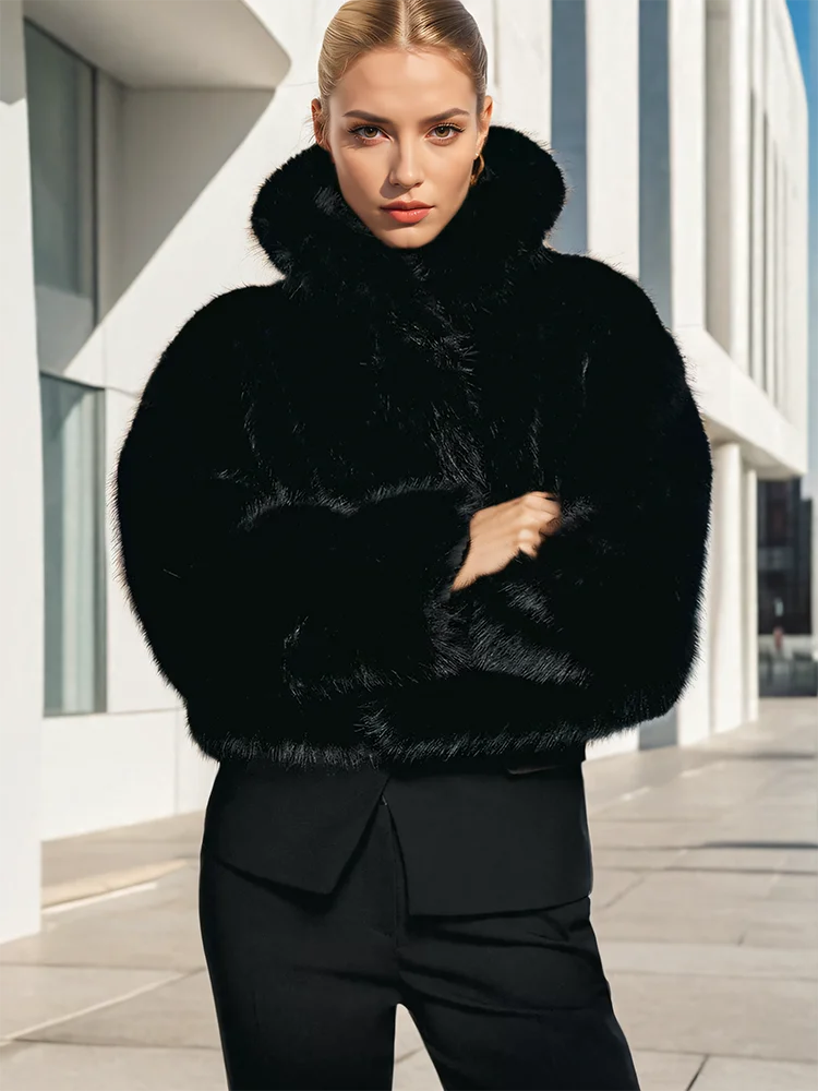 DEAT Fashion Faux Fur Coat Women's Lapel Loose Long Sleeve Black Thick Warm Plush Short Jacket Winter 2024 New Tide 7AB6349