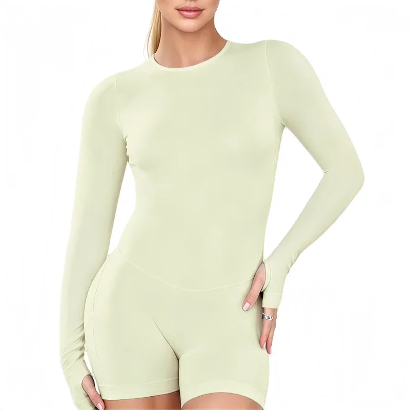 Gym Bodysuit Long Sleeve One Piece Women Hollow Back Bodycon Yoga Fitness Slim Fit Running Workout Backless Sports Jumpsuit