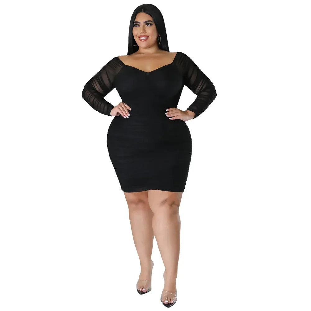 Plus Size N7697 Autumn New Women's Dress Sexy Nightclub Style Wrap Chest Spliced Mesh Sleeves Covering Buttock Clothing