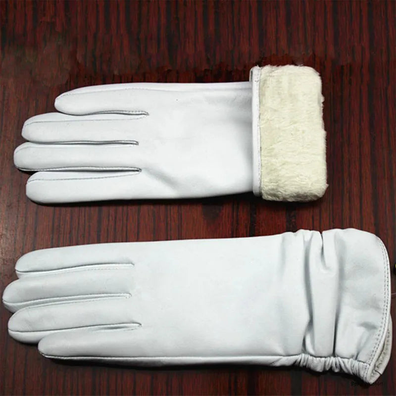 Sheepskin Leather Gloves Women's Fashion Elastic Style Velvet Lining to Keep Warm in Autumn and Winter Retro Color Points