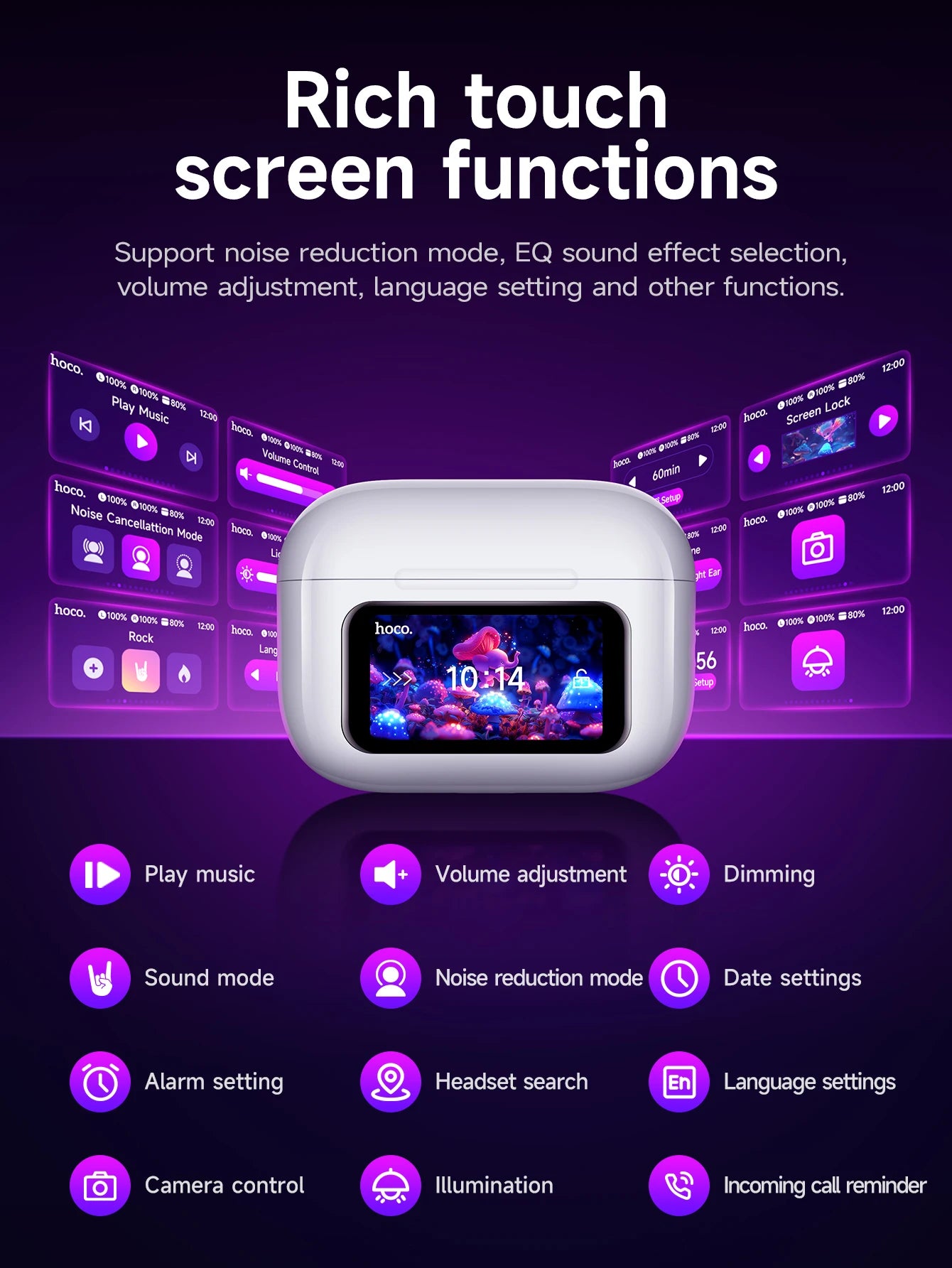 HOCO EW72 Wirelss Bluetooth 5.4 ANC Noise Reduction Earphone With LED Full Touch Smart Screen Charging Box Music Sports Earbuds