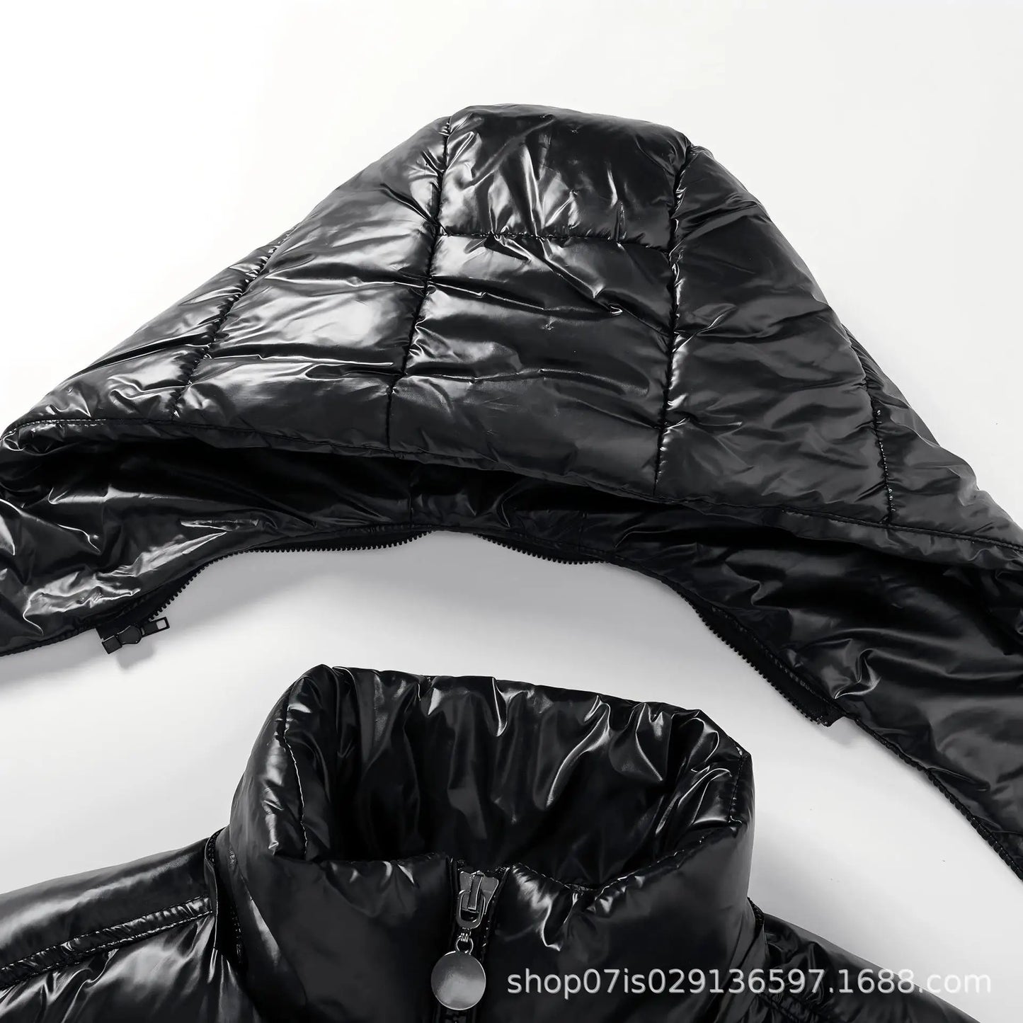Black Shiny Padded Jacket Unisex Couple Plus Size Hooded Fleece Thickened Coat Winter Streetwear