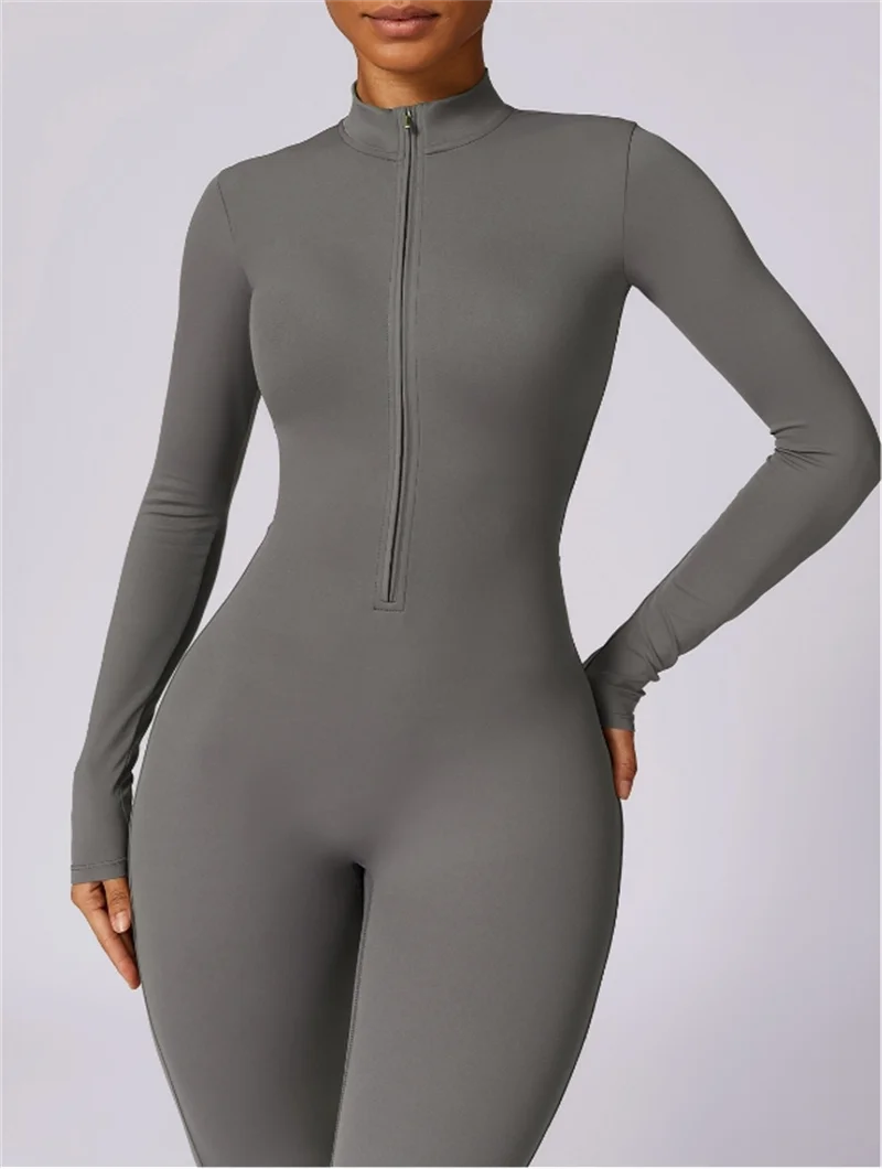 Half zip integrated long yoga jumpsuit solid color sexy long sleeved integrated sportswear for women