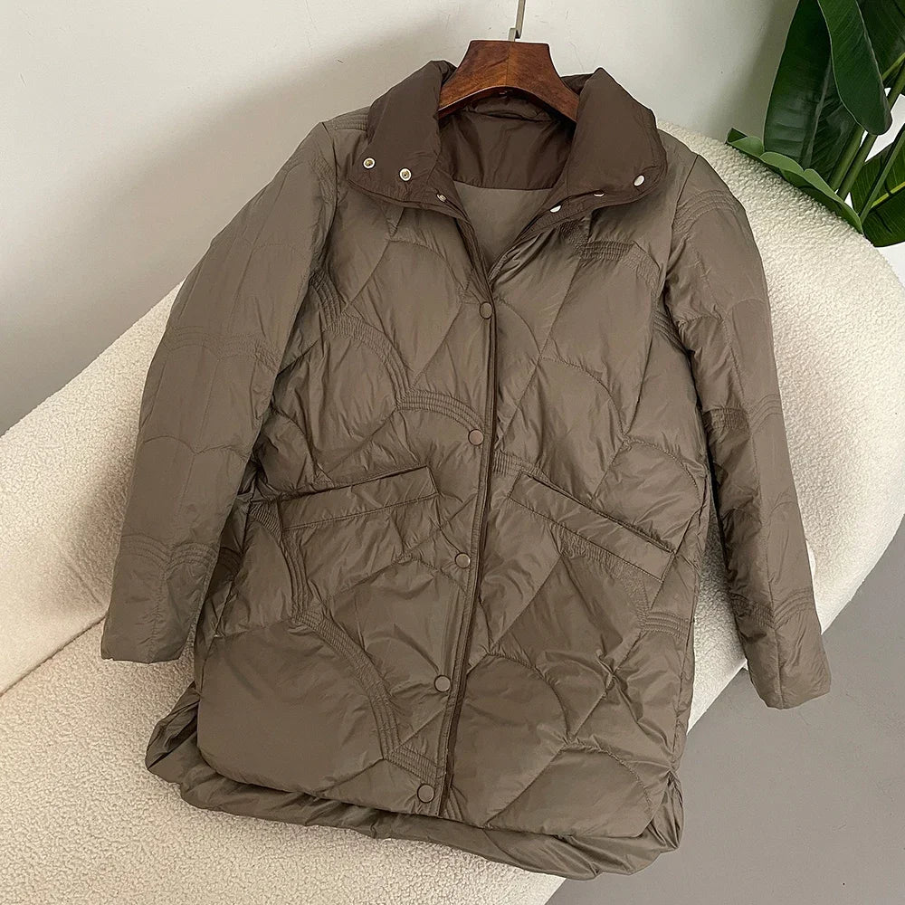 New  Autumn Winter Down Jacket Women Classic Mid-Length Warm Korean Style Loose 90 White Duck Down Jacket Stand Collar Coat