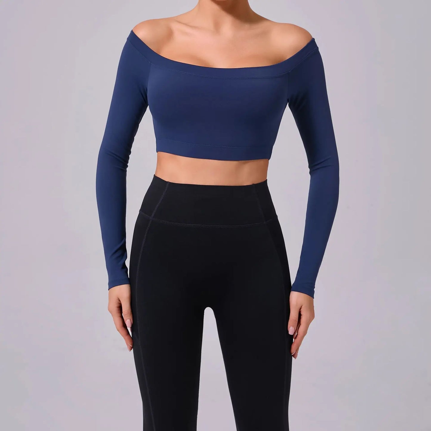 One shoulder T-shirt, long sleeved yoga suit, women's sandblasted tight fitting fitness suit, paired with a sports running top