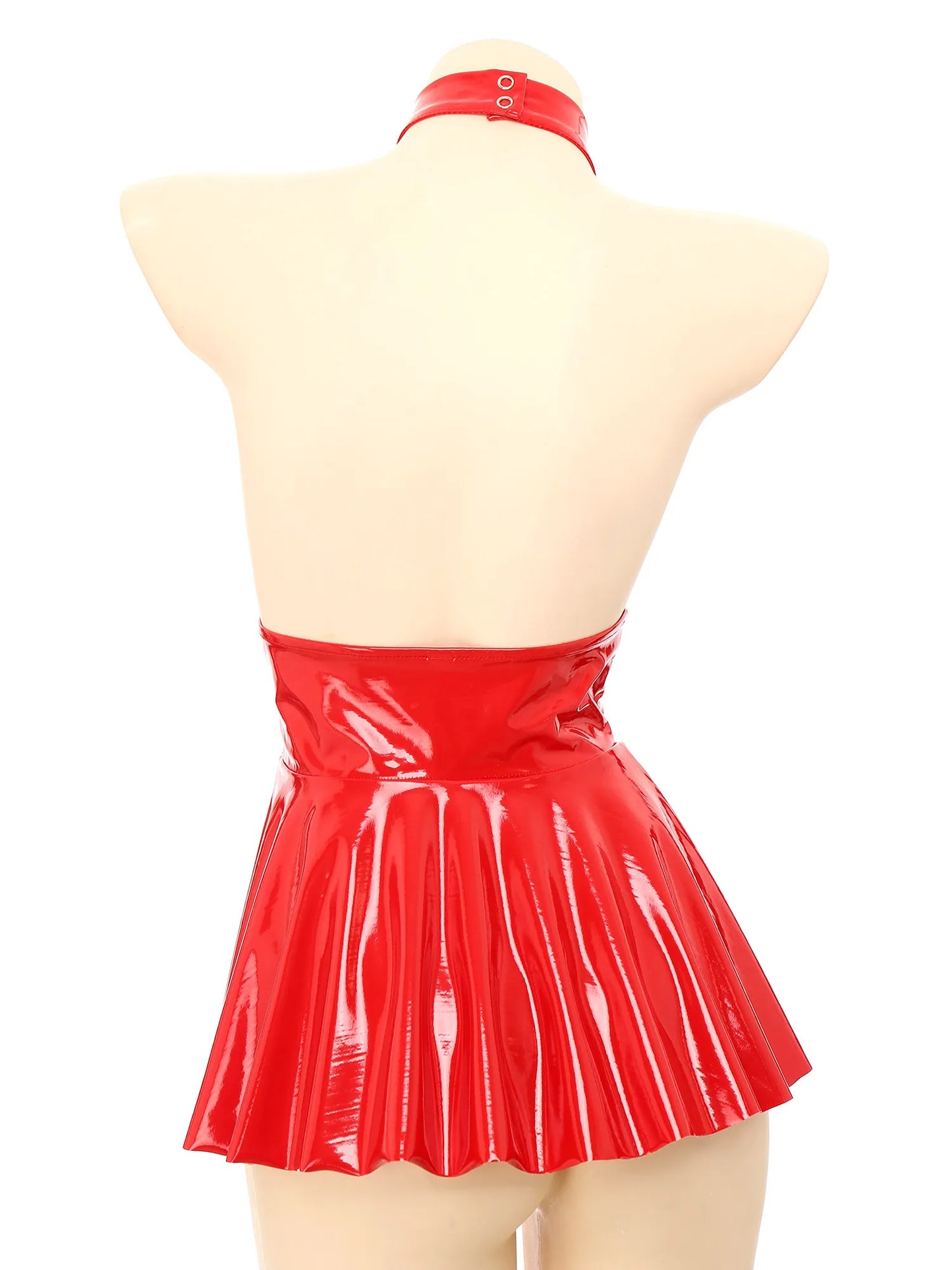 Womens Open Chest Halter Mini Dress Wet Look Patent Leather Rave Carnival Party Ruffled Sleeveless Backless Dress Nightclubwear