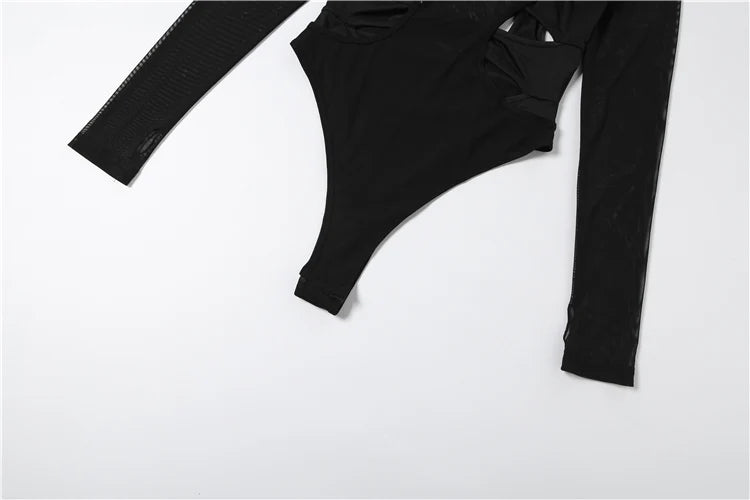 Kliou Mesh Patchwork Bodysuits Woman Irregular Hollow Design o-Neck Full Sleeve Skinny Stretch Hot Girls Sexy Fashion Bodycon