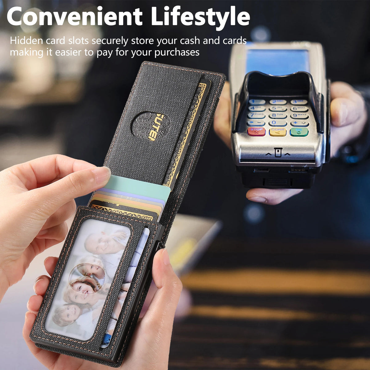 SUTENI Faux Leather Card Slot Wallet Flip Cover Unisex Card Box Pressing The Button Automatically Ejects The Card