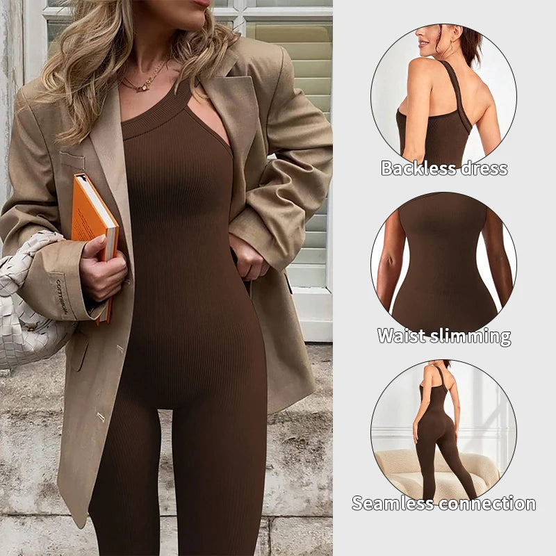 Women Knit One Shoulder Yoga Jumpsuit Solid Color Workout Ribbed Sport Jumpsuits Casual One Piece