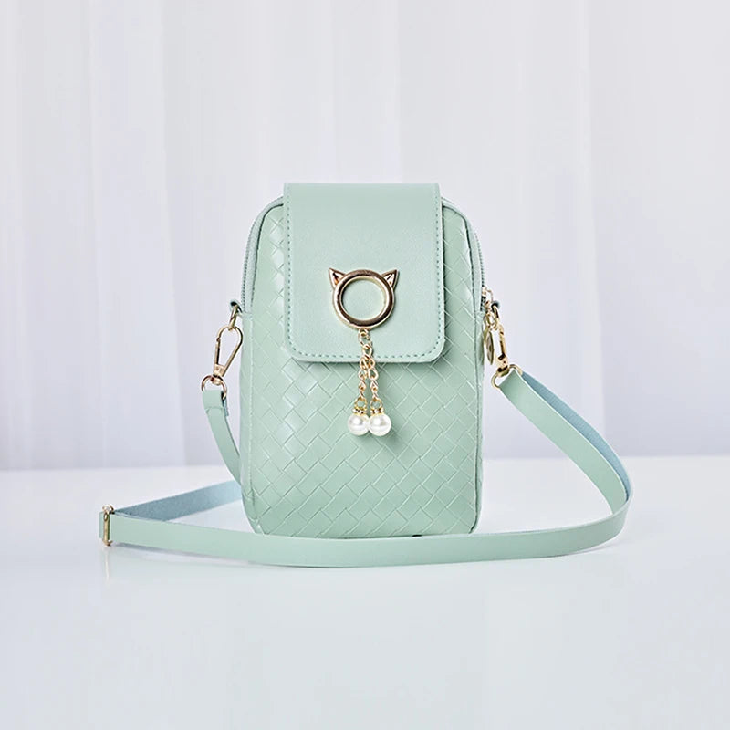 1PC Mini Cross-body Mobile Phone Shoulder Bag Women Fashion Woven Pearl Tassel Cover-style Female PU Leather Small Purse Clutch