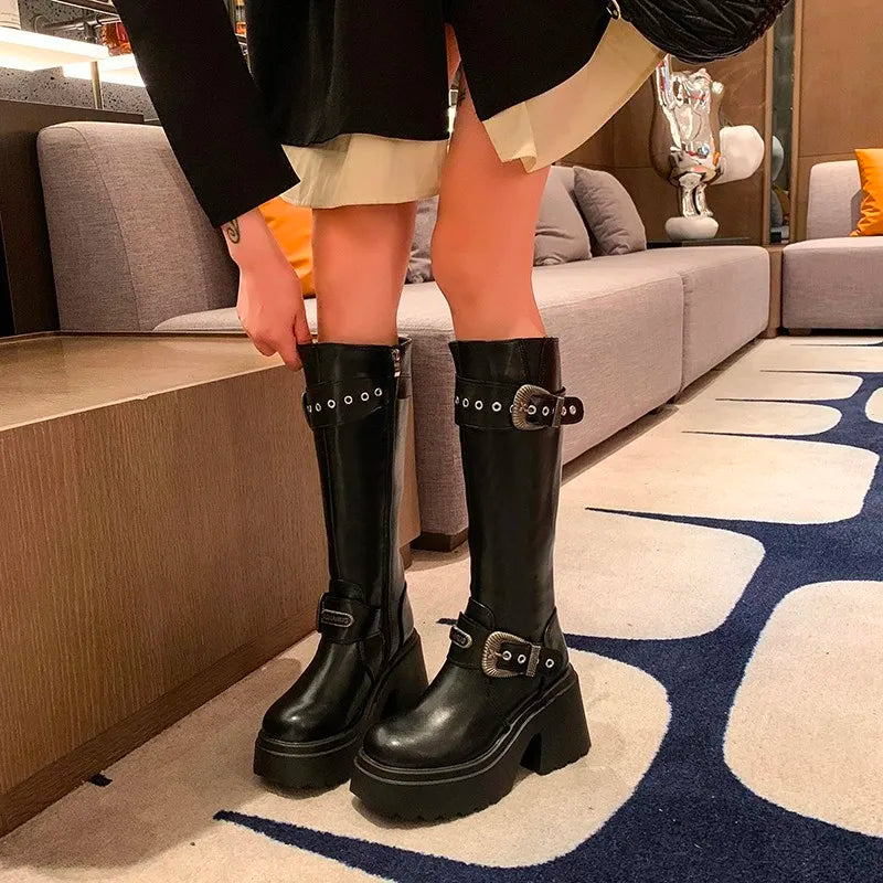 Women's Thick Heel Cotton Boots New Winter Round Head Side Zipper Rivet Metal Belt Buckle Thick Sole Non-slip Boots