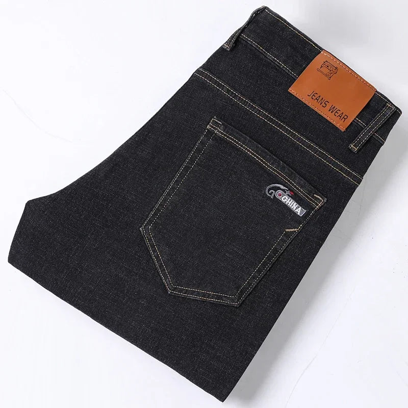 Business Thin Denim Jeans for Men Straight Stretch Cotton Work Pants Business Casual Lightweight Trousers Spring Autumn Workwear