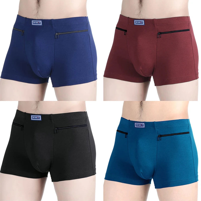 Men Cotton Boxer Panties Underwear Anti-theft Zippers Pockets Briefs Underpants Casual Solid Men's Boxers Shorts