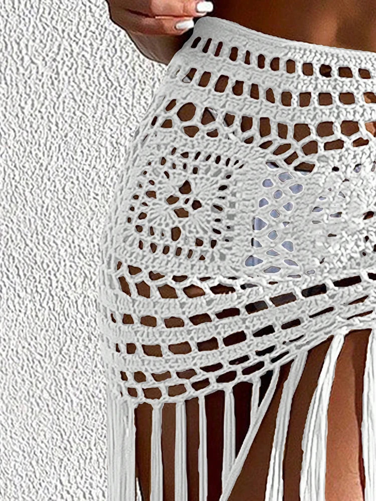 Crochet Tassel Bikini Cover Up Dress Beach Wear Women Tie Up Bather Bathing Suit Tassel Long Skirt Swimsuit Cover Up Beach Dress