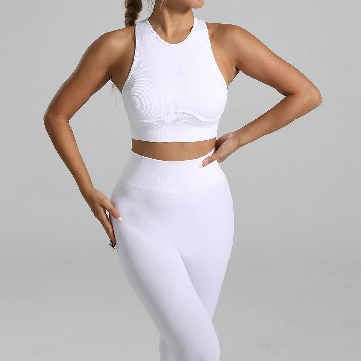 Seamless Ribbed High Waisted Yoga Set for Women, Tummy Control Criss Cross Back Workout Outfit, Quick Dry Fitness Set for Gym