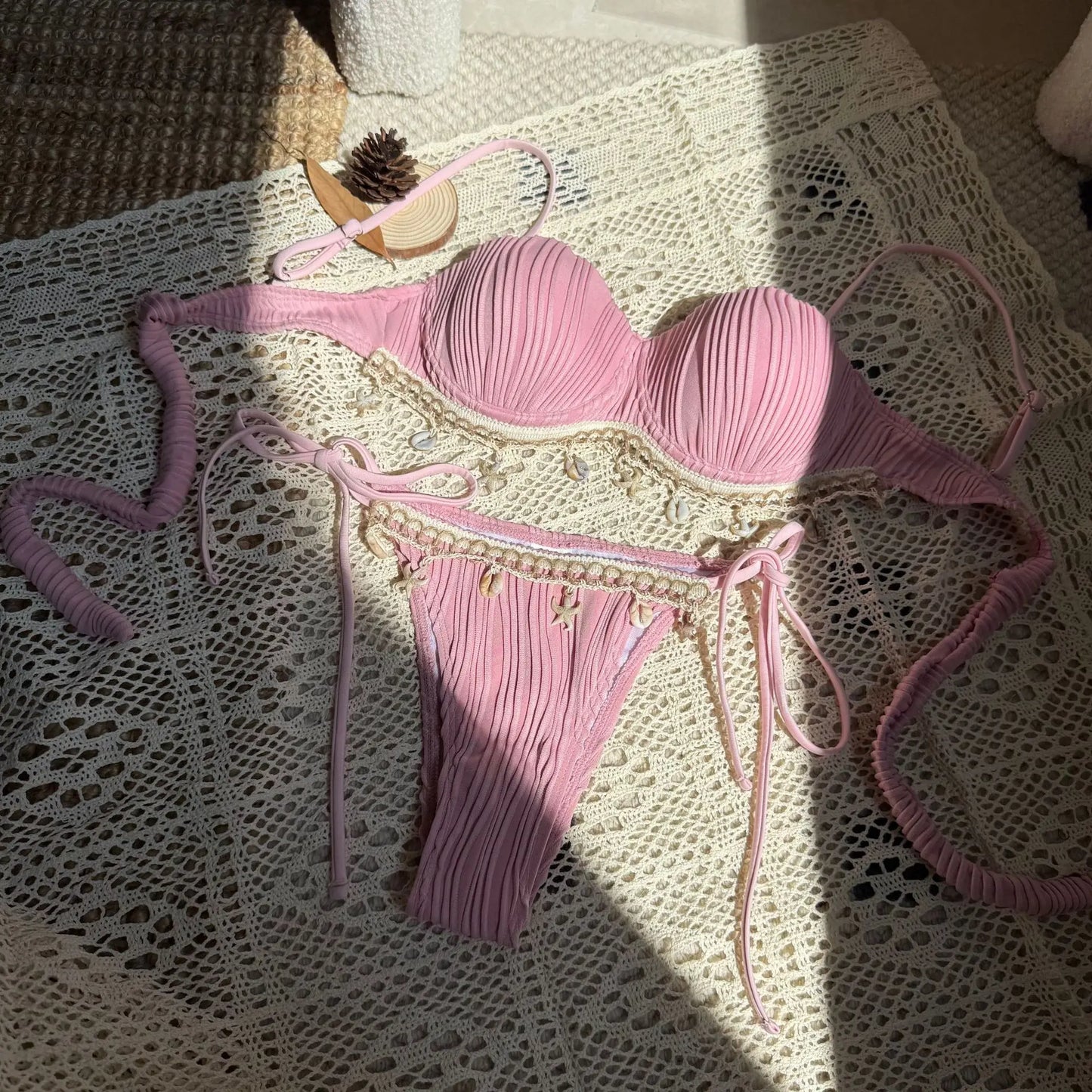 2025 new solid color shell petal hard bag split swimsuit swimsuit bikini