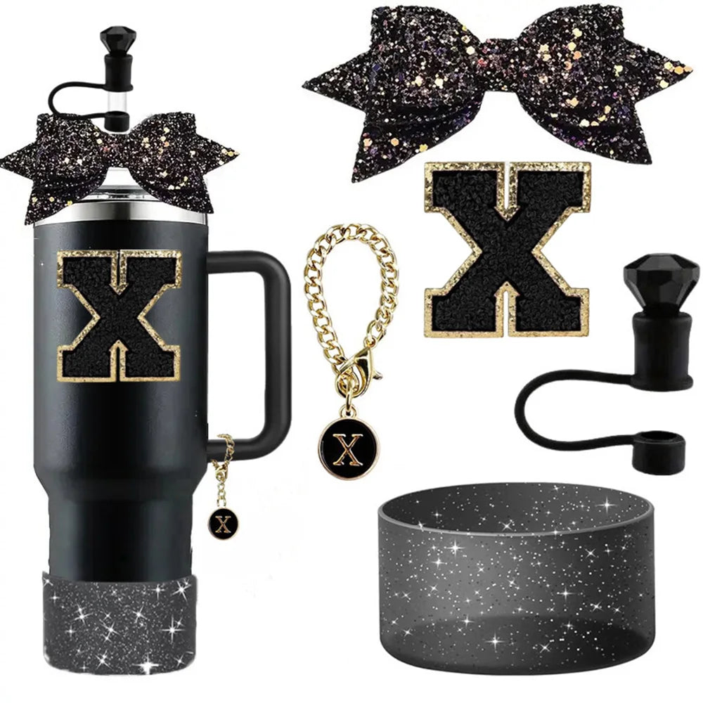 5pcs Accessories Set for Stanley 30oz 40oz Tumbler Cup Including 10mm Diamond Straw Cover Topper Bow Ties Initial Sticker