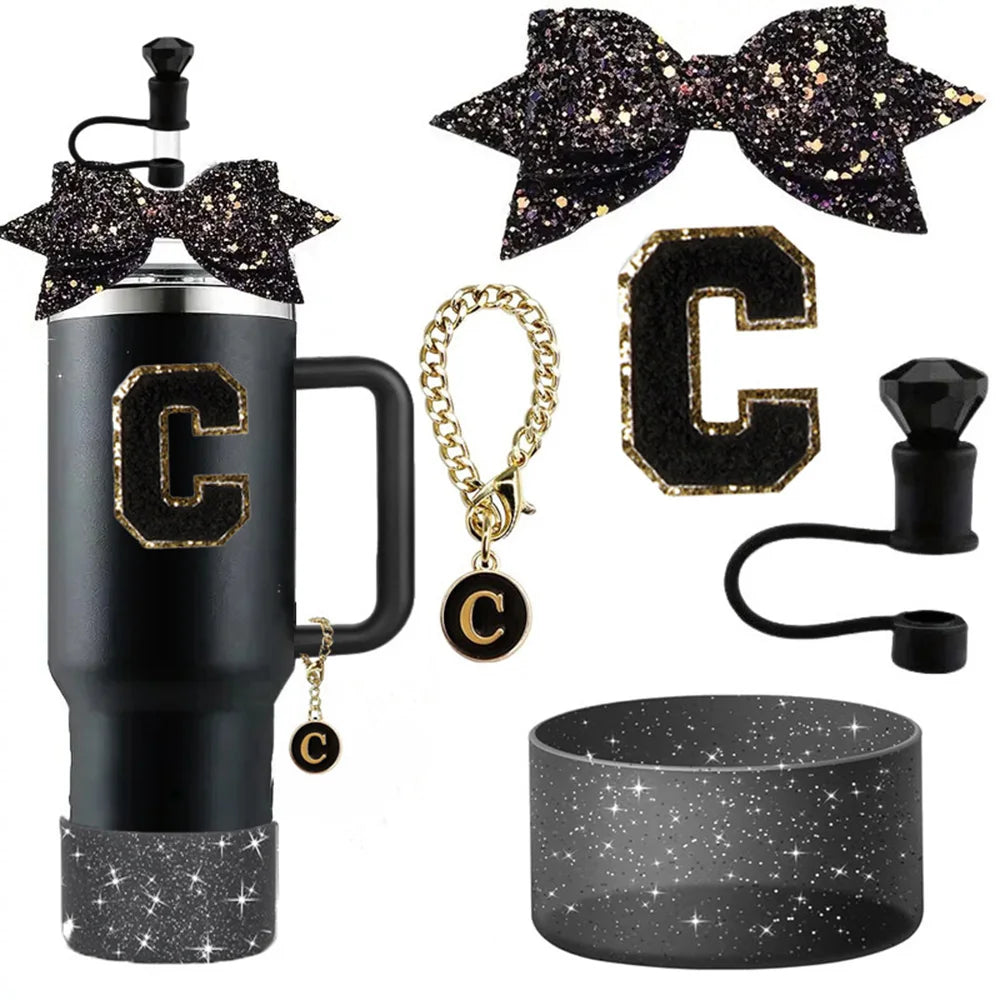 5pcs Accessories Set for Stanley 30oz 40oz Tumbler Cup Including 10mm Diamond Straw Cover Topper Bow Ties Initial Sticker