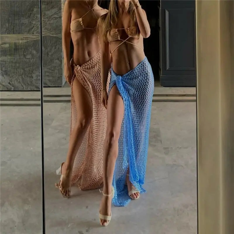 Beach Cover Ups for Swimwear Women Sexy Beach Skirt Hollow Knit Beachwear Dress Vacation Perspective Straped Beach Towel