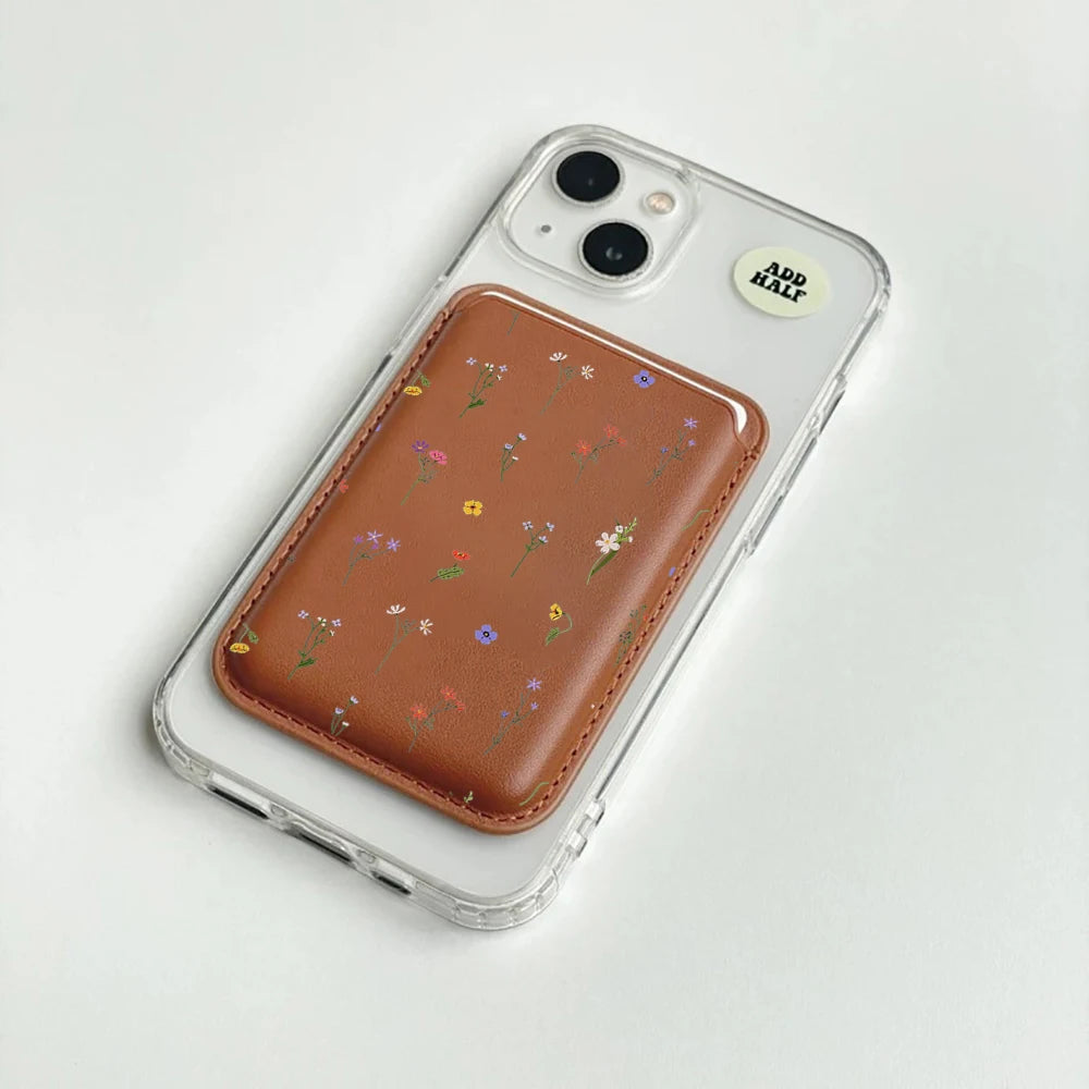 Leather Card Wallet Cover Magnetic Phone Card HolderPhone Back Bag Cute Flowers Case Suitable For all iPhone For Magsafe Card