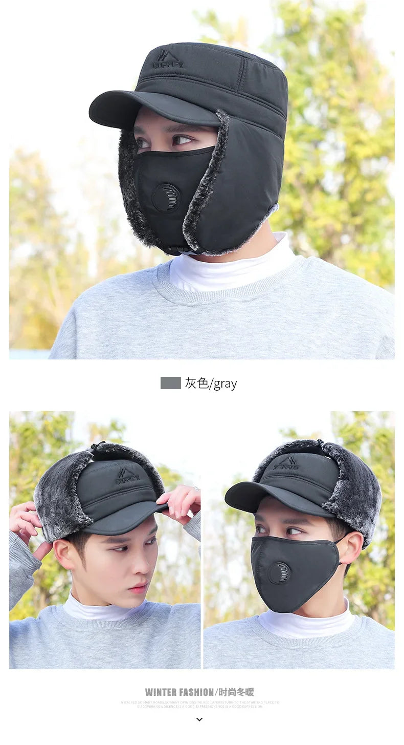 Fashion New Winter Bomber Hats Men's Northeast Mask Ushanka Lei Feng Hat Outdoor Windproof Keep Warm Thick Earmuffs Flat-Top Cap