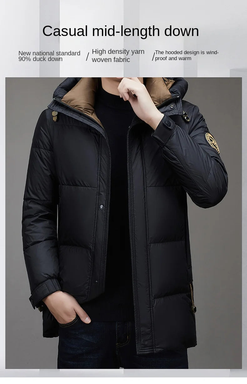 Leichte Luxus-Daunenjacke für Herren, lang, Winter 2024, trendig, 90 % weiße Entendaunen, warmer Mantel, Business-Casual-Mütze, leichte Daunenjacke
