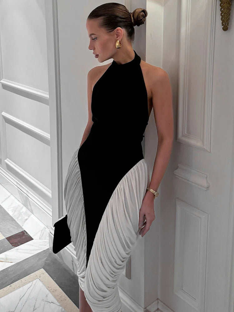 Weird Puss Contrast Patchwork Dress Women Sexy Backless Halter Pleated Y2K Sleeveless Slim Elegant Midnight Club Party Bodycon