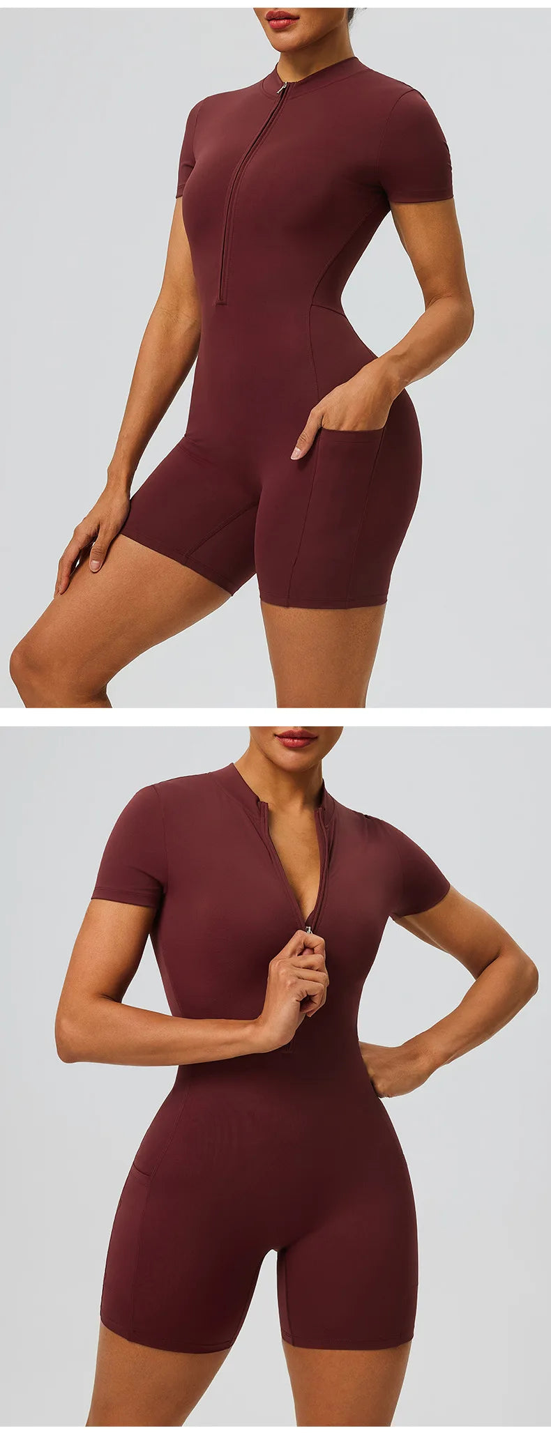 Women's zipper short sleeved yoga jumpsuit with functional pockets for hip lifting and tight fitting sports jumpsuit shorts