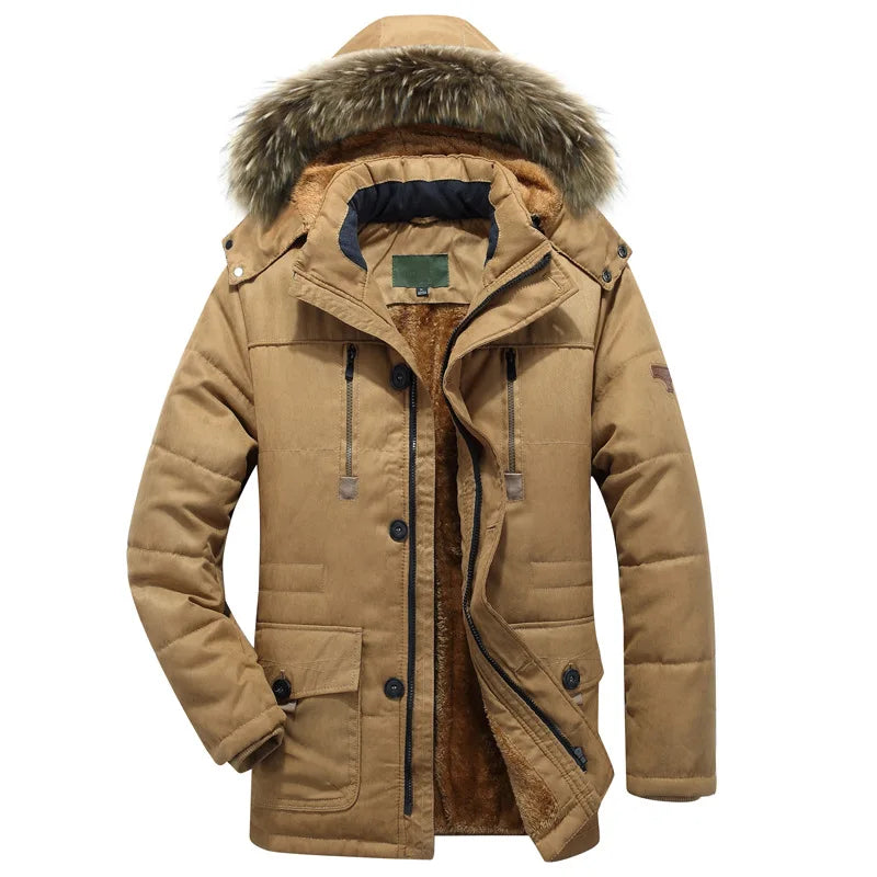 Man Winter Parkas Coat Vintage Thicken Fleece Cold-proof Zipper Male Hooded Jacket Long Sleeve Pocket Casual Men Outerwear