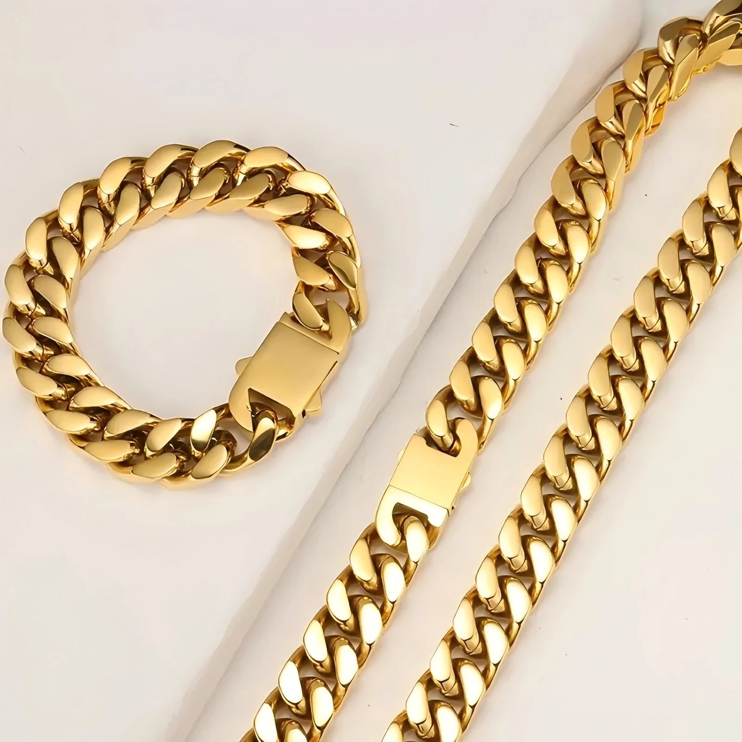 Stainless steel, 12mm gold-plated, necklace and hip-hop bracelet kit from the Cuban chain in Miami, gifts for men and women
