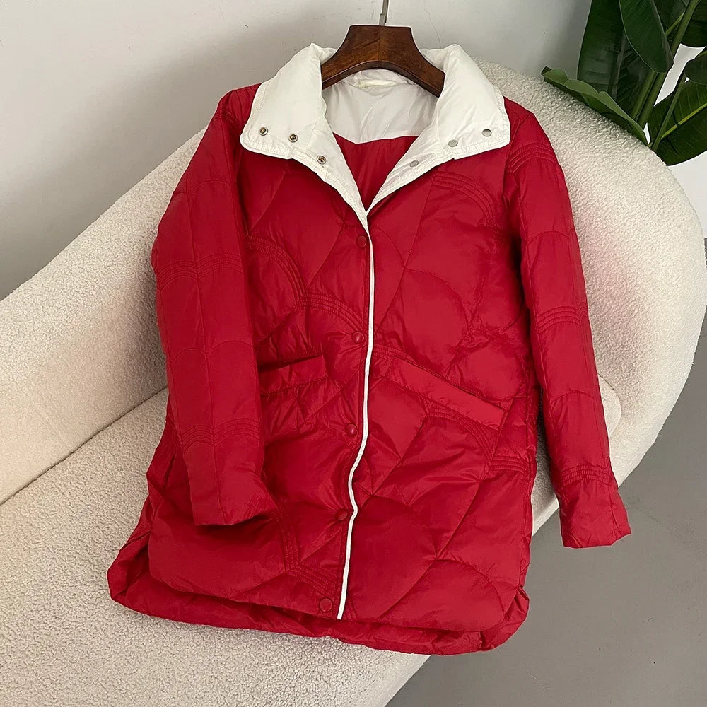 New  Autumn Winter Down Jacket Women Classic Mid-Length Warm Korean Style Loose 90 White Duck Down Jacket Stand Collar Coat