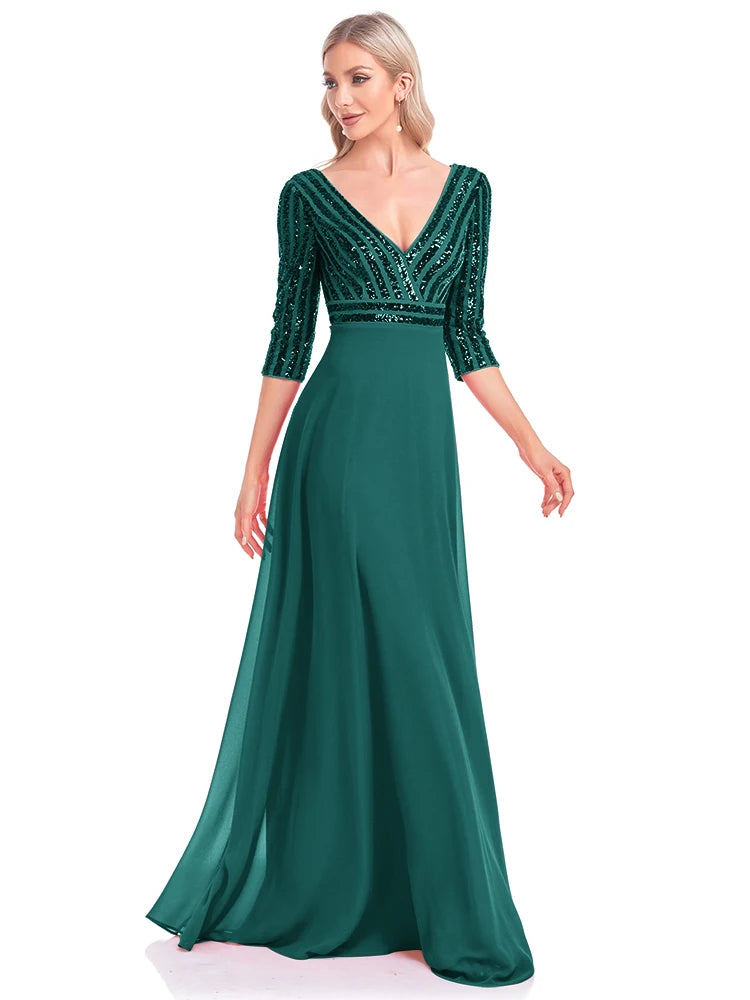 Lucyinlove Elegantes Langarmkleid mit Pailletten und V-Ausschnitt, rosa Abendkleid, Hochzeitsfeier, Abschlussballkleider für Frauen 2024